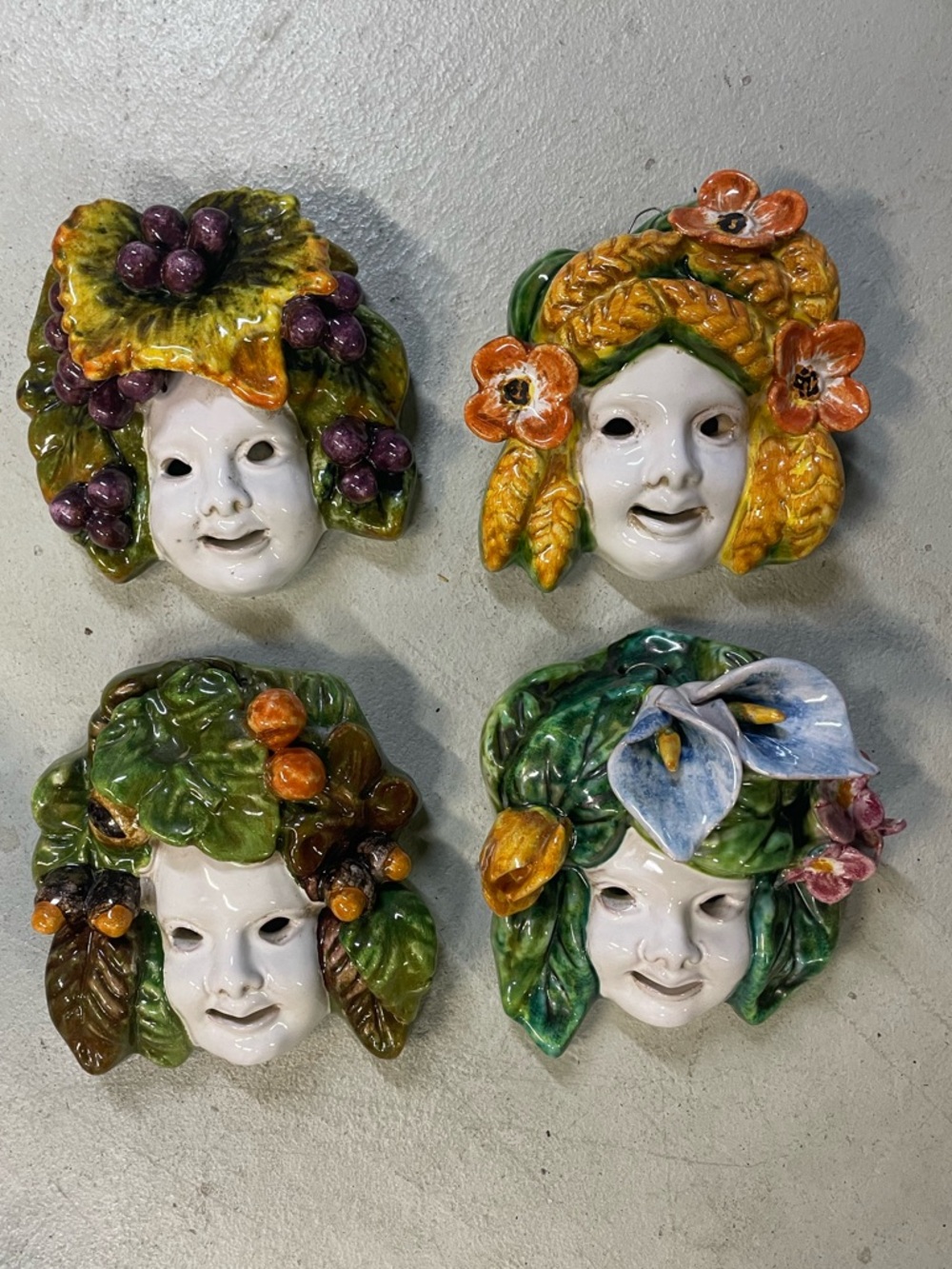Set of 4 Ceramic Wall Masks with Floral & Fruit Crowns - Multicolor